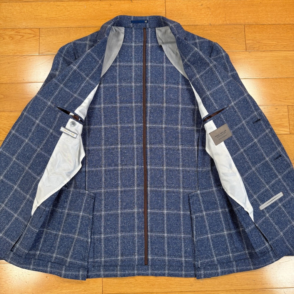 Paul Taylor Italy Blue Windowpane Silk Virgin Wool Sport Coat Blazer Mens 46 IT - Picture 3 of 13